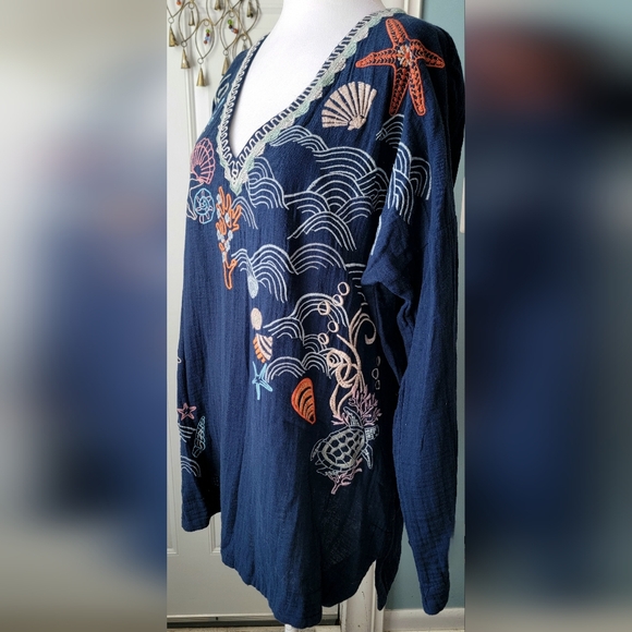 Johnny Was Byia Myrtle Embroidered V Neck Tunic Women's M Blue Multi Ocean Theme - Picture 2 of 15
